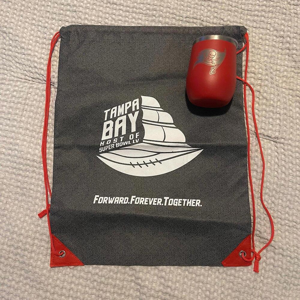 Super Bowl LV Drawstring Backpack + Bucs Cup